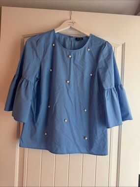 a.n.a Light Blue Pearl-Embellished Bell-Sleeve Blouse